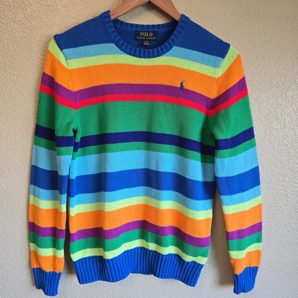 Polo Ralph Lauren Boys Large 14-16 Rainbow Stripe Cotton Knit Sweater Pony Logo
